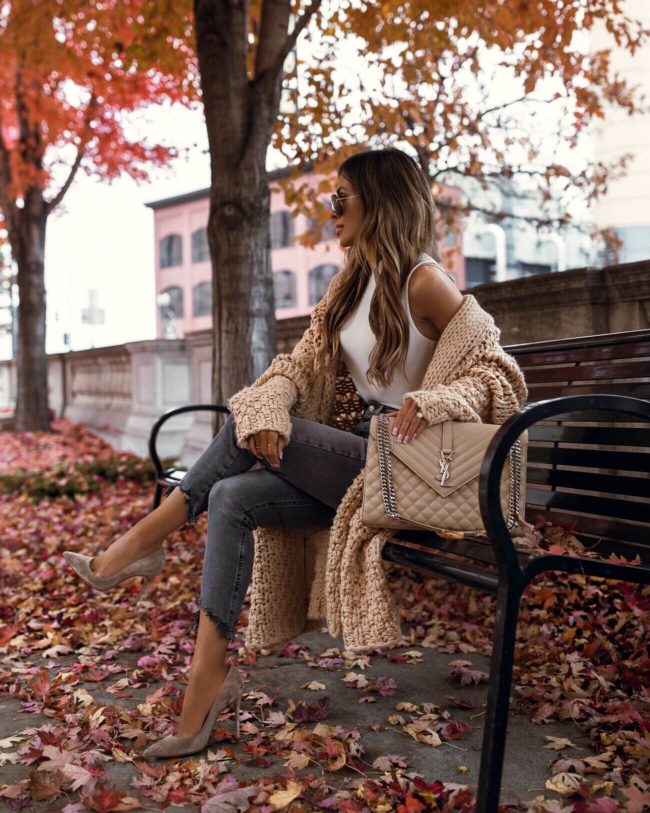 fashion blogger mia mia mine wearing a chunky knit sweater from revolve
