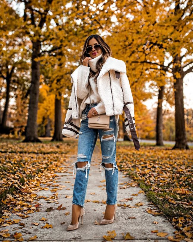 fashion blogger mia mia mine wearing a shearling jacket from revolve for fall