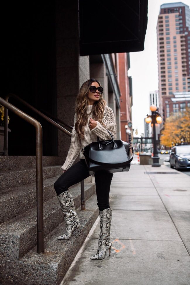 fashion blogger mia mia mine wearing snakeskin boots and a givenchy bag