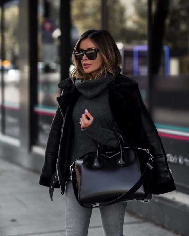 fashion blogger mia mia mine wearing a chunky gray sweater from nordstrom a givenchy antigona bag