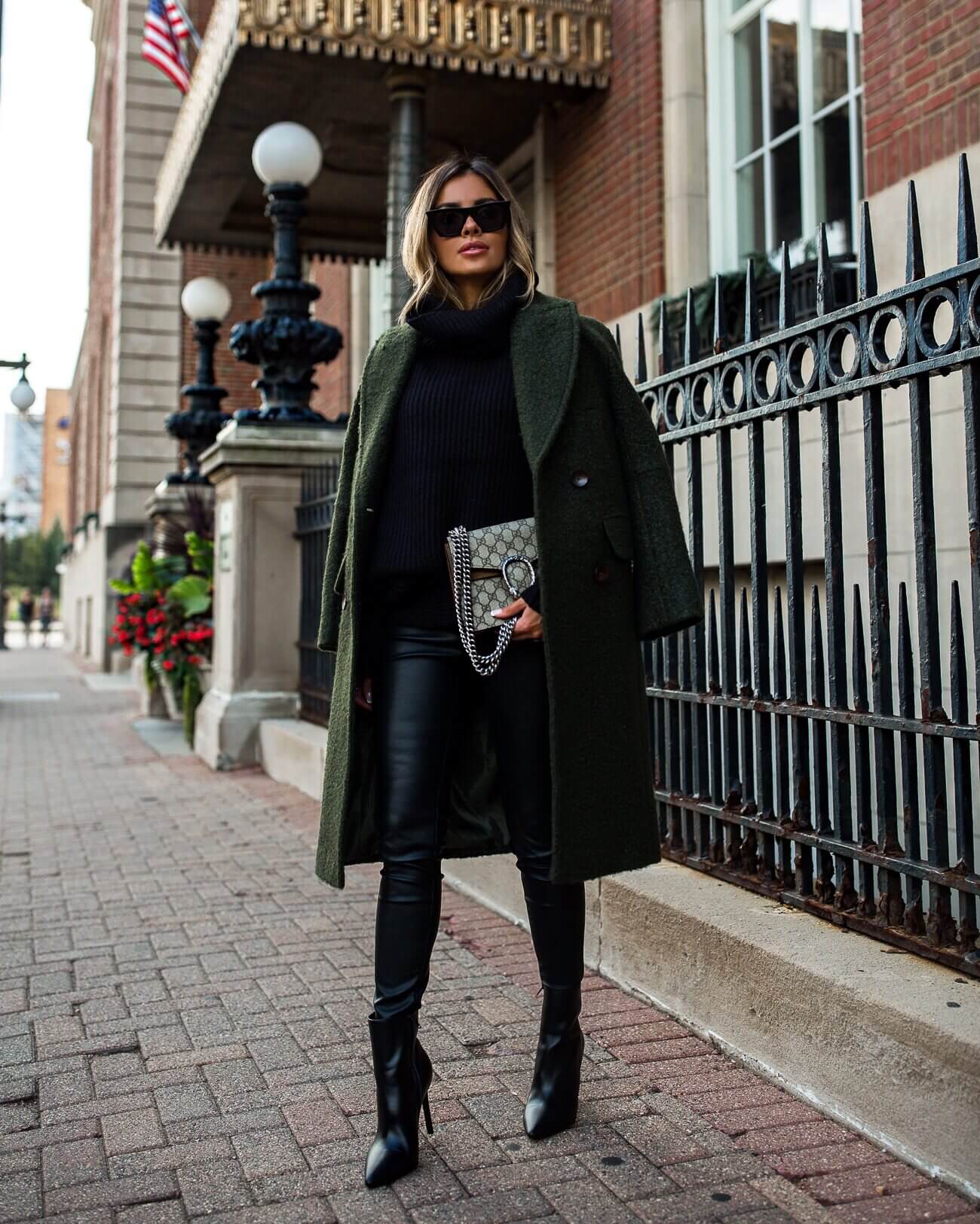 fashion blogger mia mia mine wearing a green topshop coat from nordstrom