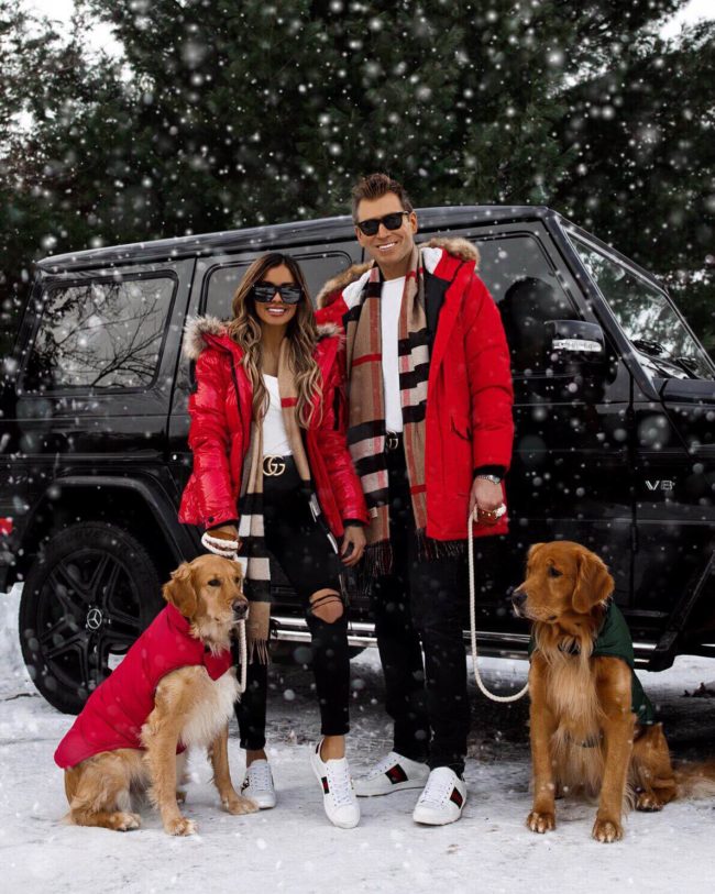 fashion blogger mia mia mine with husband Phil and golden retrievers for christmas