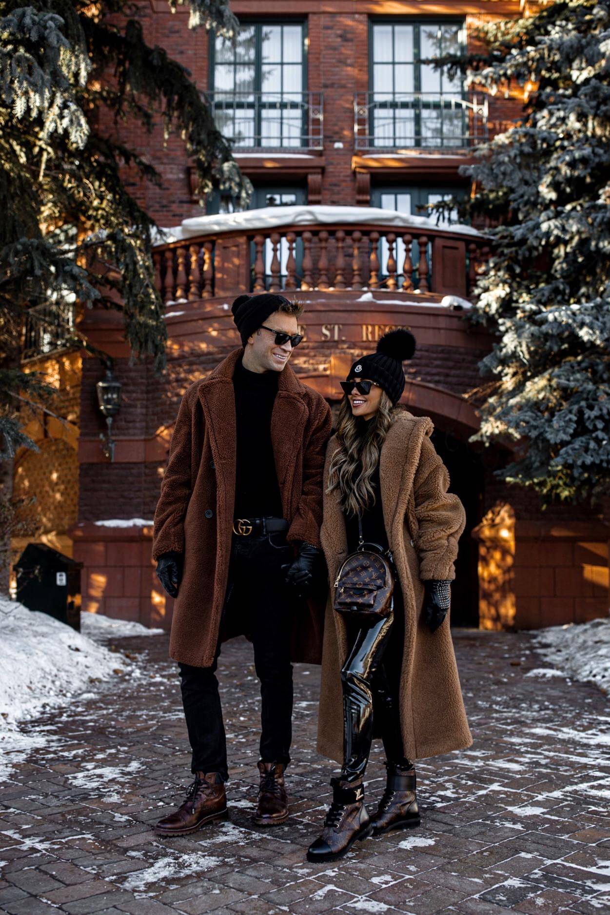 fashion blogger mia mia mine with husband phil in aspen wearing teddy bear coats