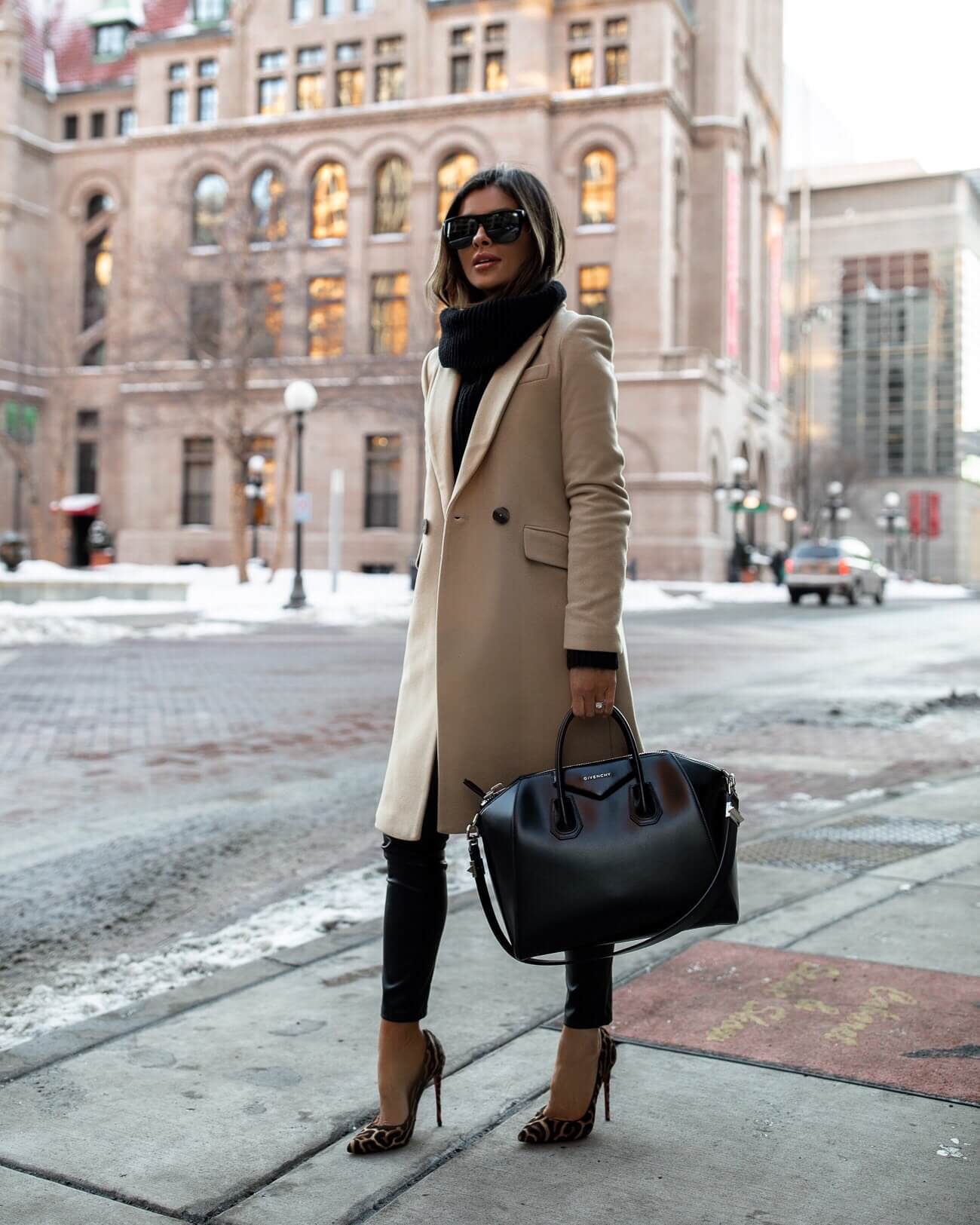 fashion blogger mia mia mine wearing a camel coat and givenchy antigona bag