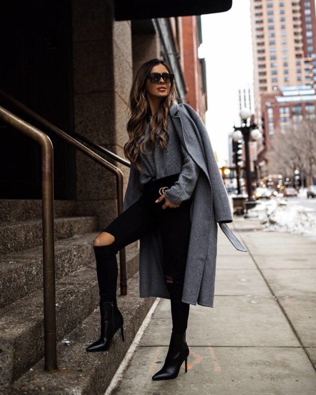 fashion blogger mia mia mine wearing a gray mango coat and gray revolve sweater