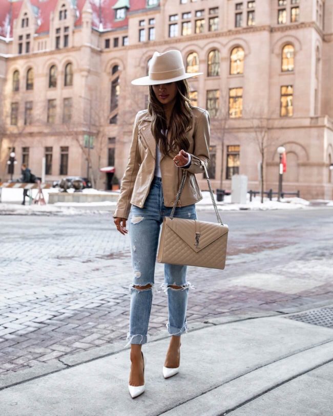 fashion blogger mia mia mine wearing a camel leather jacket and a camel hat