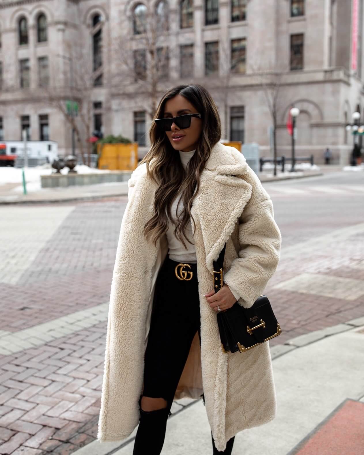 fashion blogger mia mia mine wearing a white teddy bear coat from nordstrom