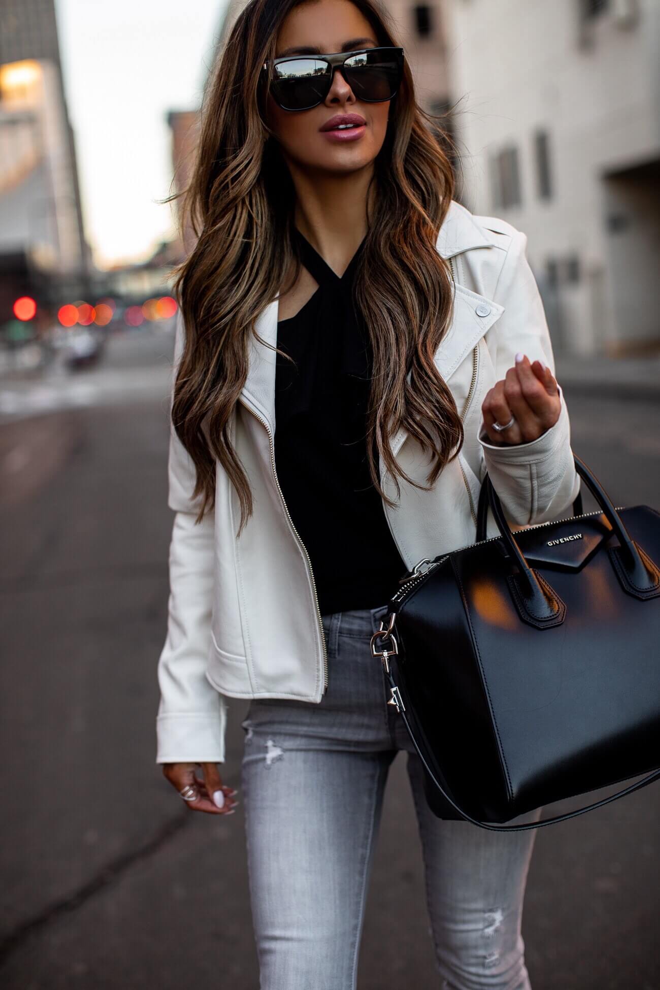 fashion blogger wearing a white jacket and gray denim from walmart