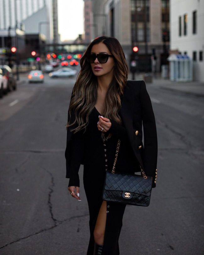 fashion blogger mia mia mine wearing an amazon dress with a chanel bag