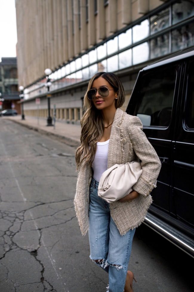 fashion blogger mia mia mine wearing a balmain tweed blazer for spring