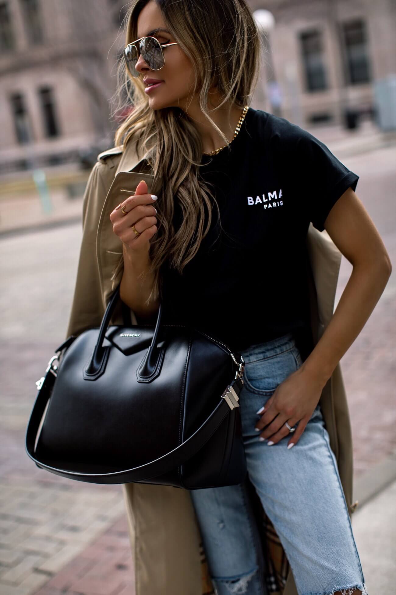 fashion blogger mia mia mine wearing a balmain tee for spring