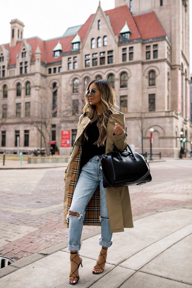 fashion blogger mia mia mine wearing a burberry trench coat and lace up sandals from Nordstrom