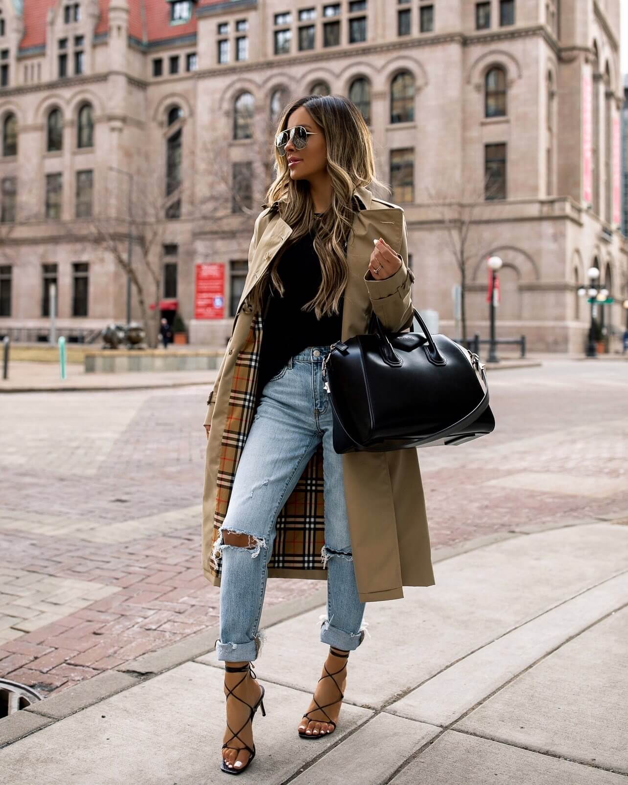 fashion blogger mia mia mine wearing a burberry trench coat and lace up sandals from Nordstrom