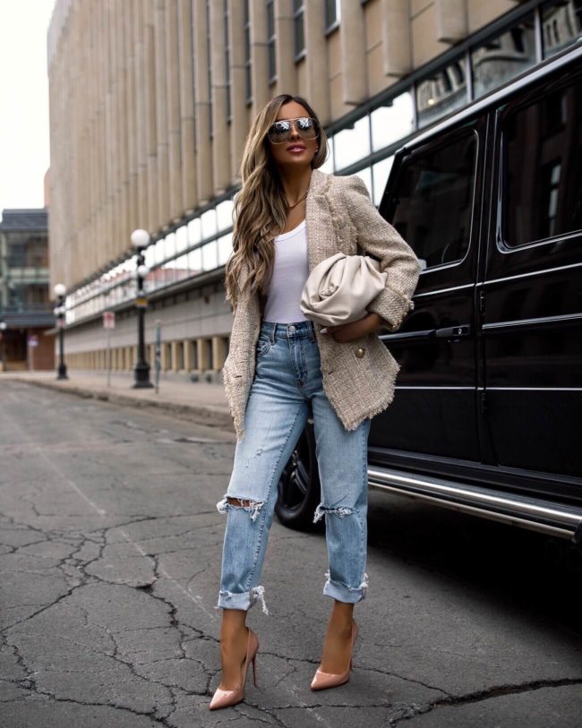 fashion blogger mia mia mine wearing a balmain tweed blazer for spring