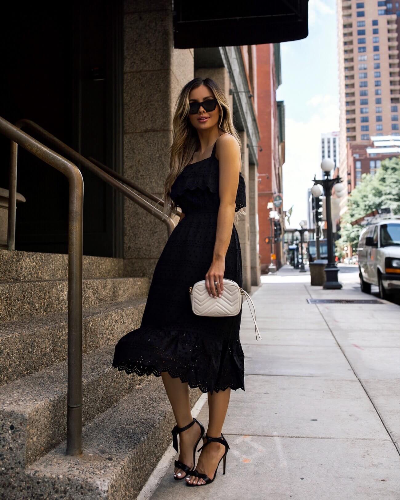 fashion blogger mia mia mine wearing an eyelet black dress from walmart