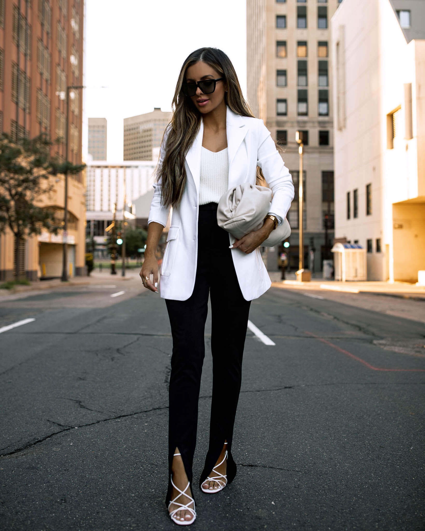 fashion blogger mia mia mine wearing an express suit from the ladygang collection