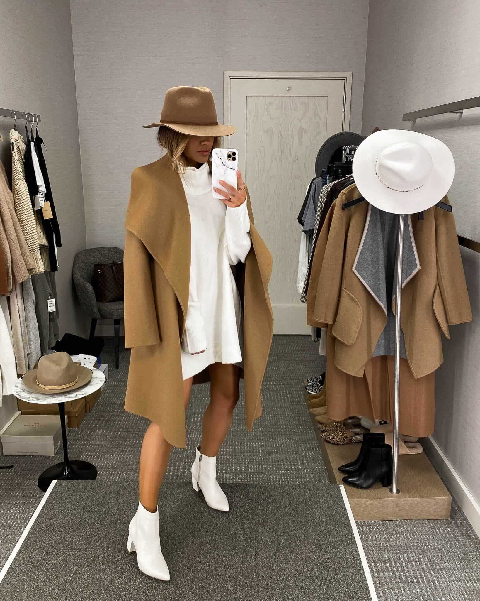 fashion blogger wearing a camel coat from the nordstrom anniversary sale 2020