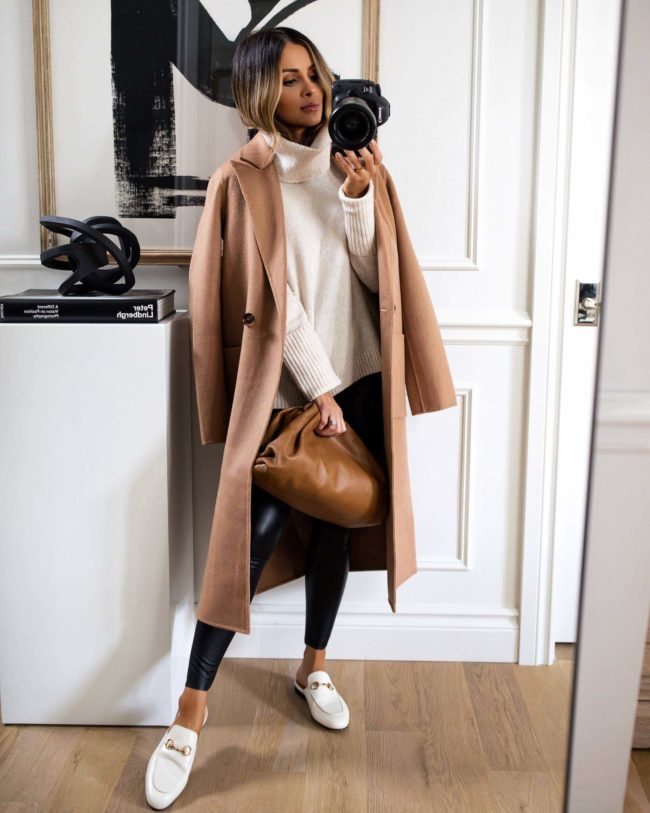 fashion blogger wearing a camel coat and commando leggings from the nordstrom anniversary sale 2020