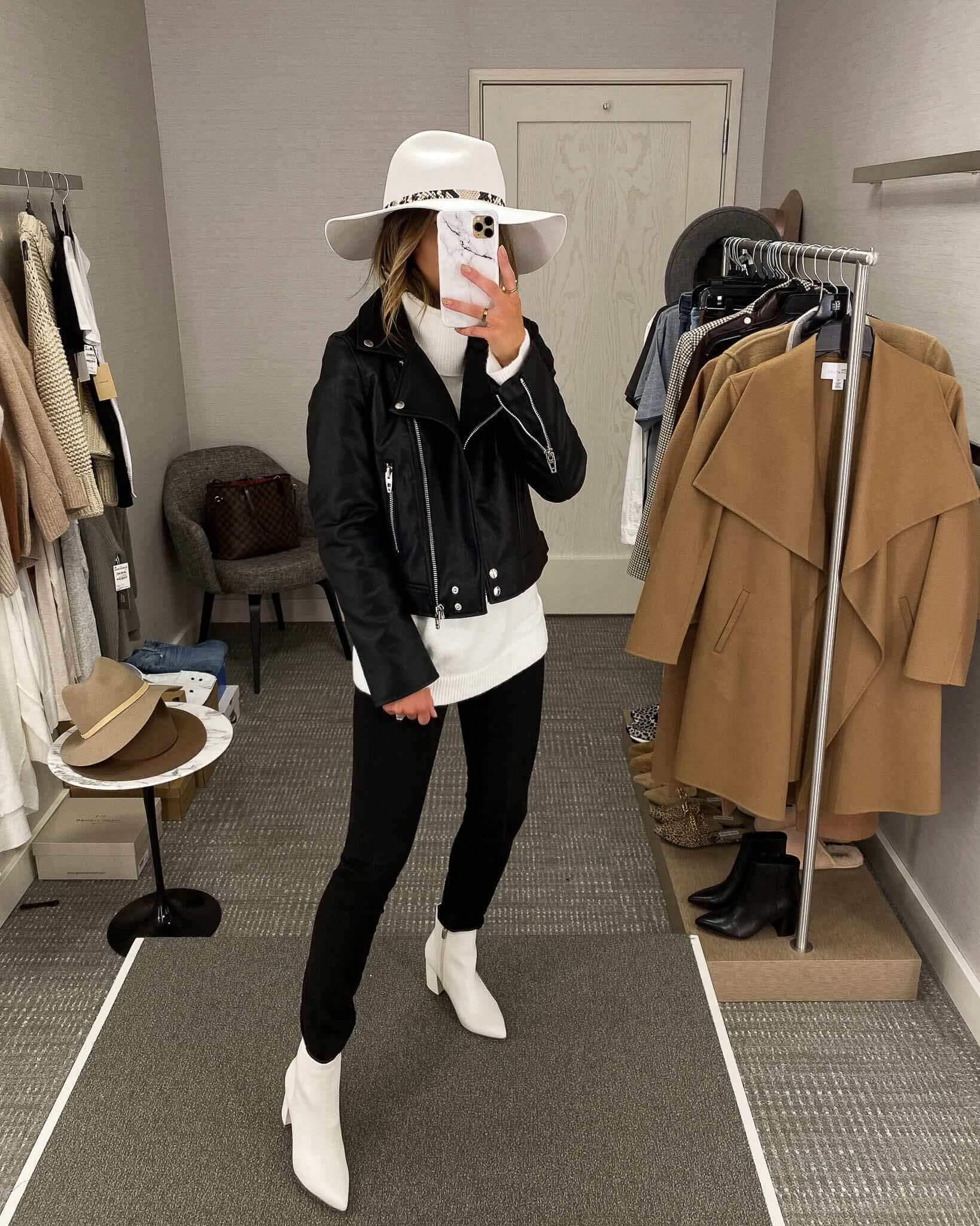 fashion blogger mia mia mine wearing a leather jacket from the nordstrom anniversary sale 2020