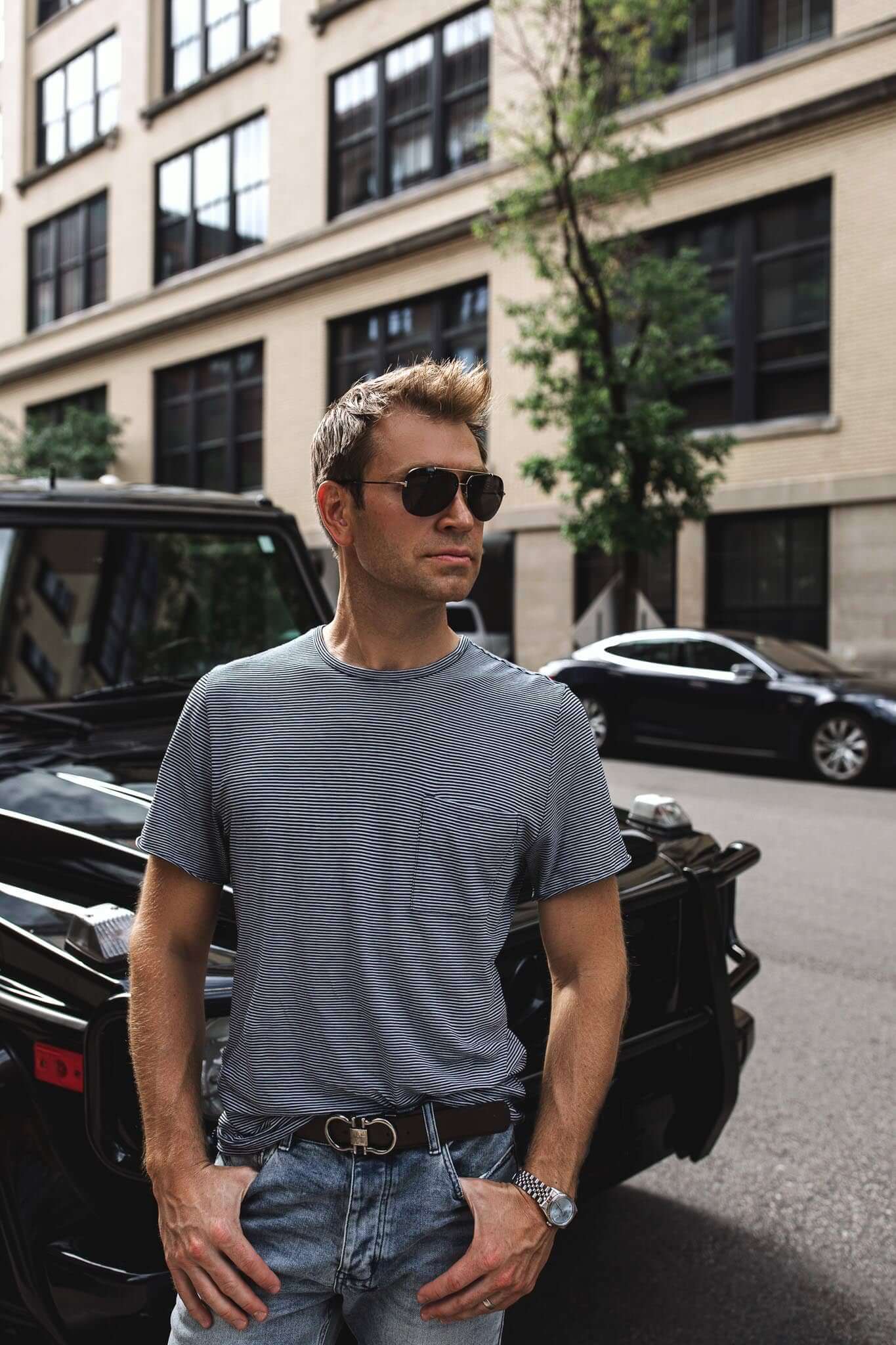 mens fashion blogger wearing a striped shirt and salvatore ferragmo belt from the nordstrom anniversary sale