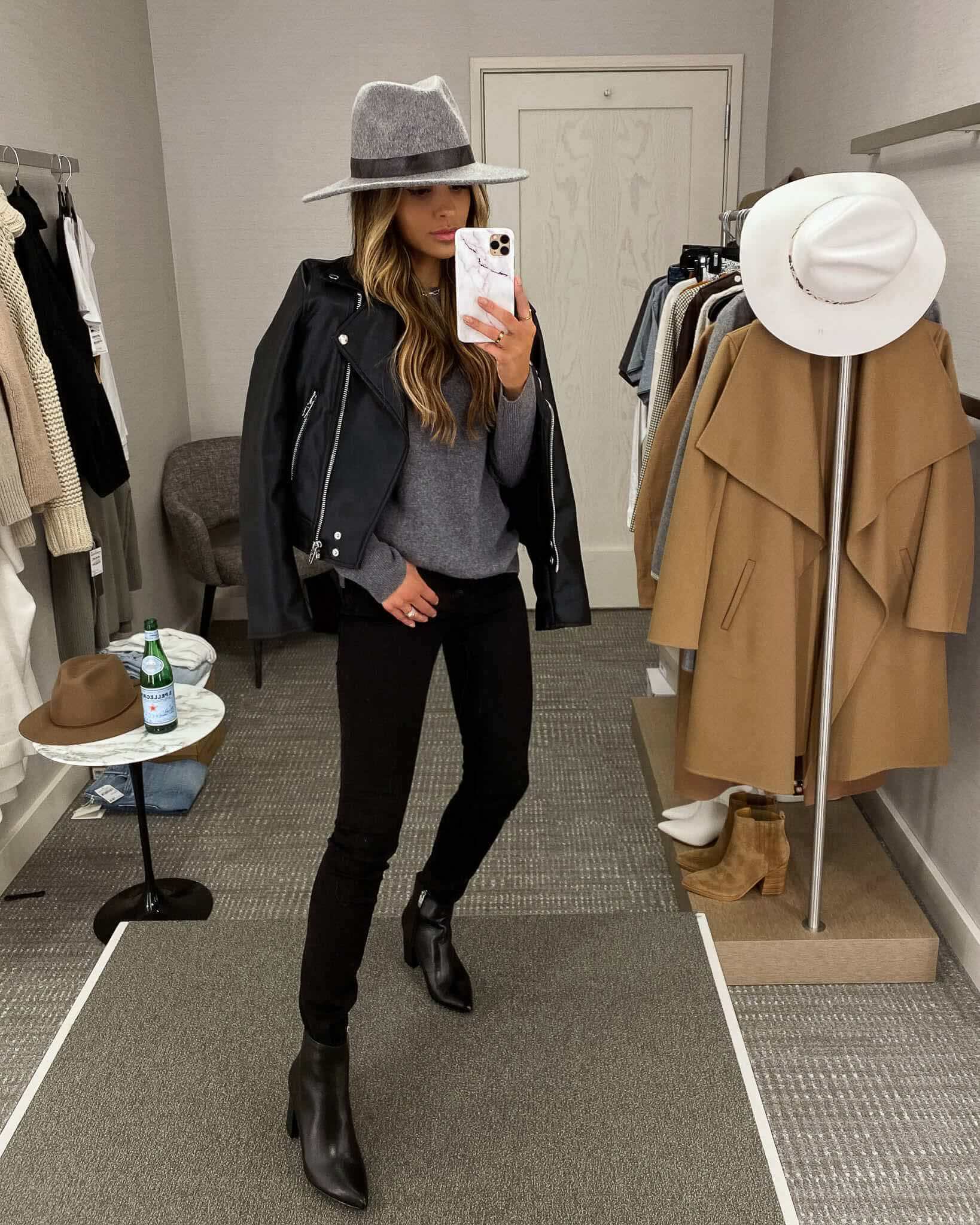 fashion blogger mia mia mine wearing a leather jacket and black booties from the nordstrom anniversary sale 2020