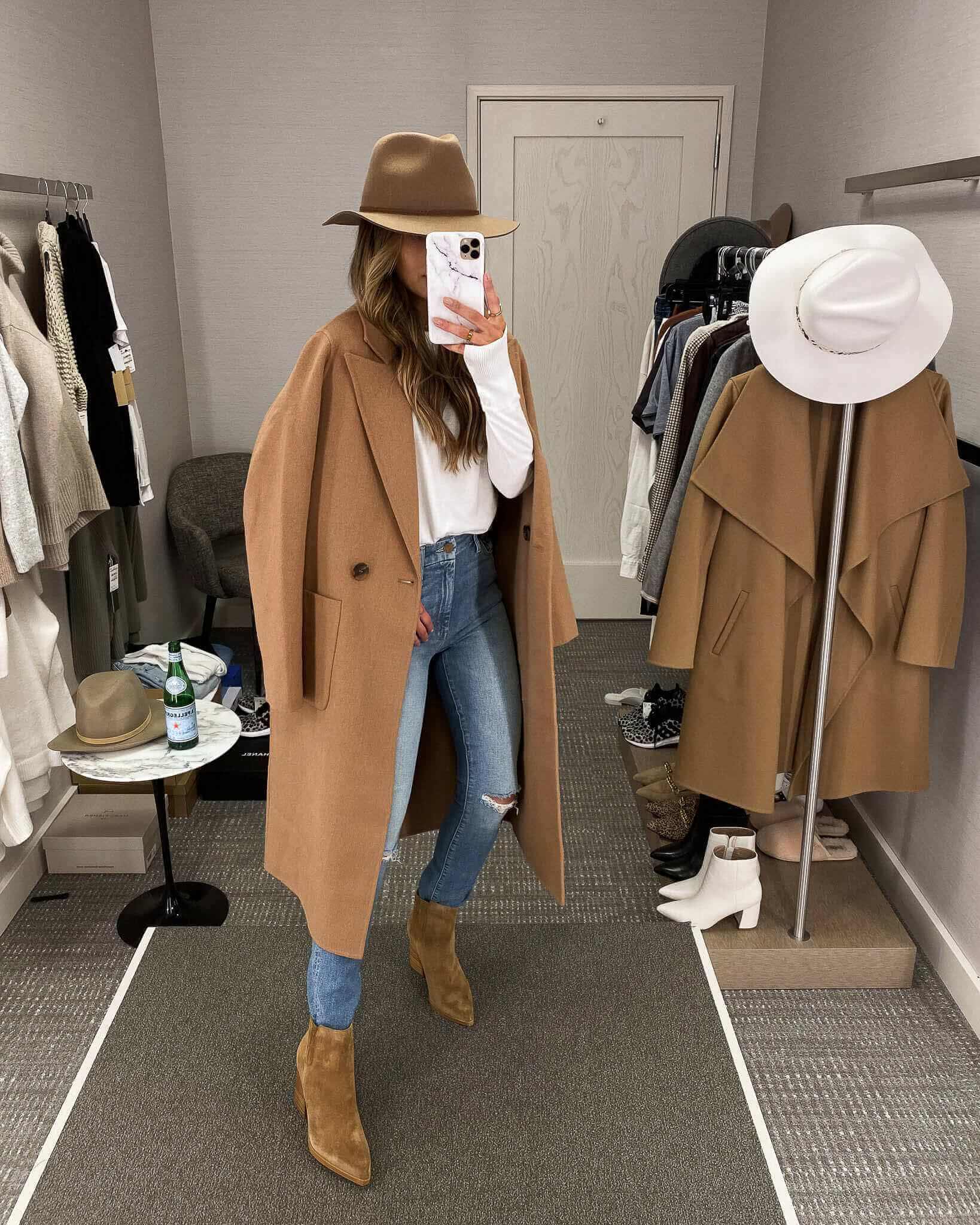 fashion blogger mia mia mine wearing a camel coat and suede booties from the nordstrom anniversary sale