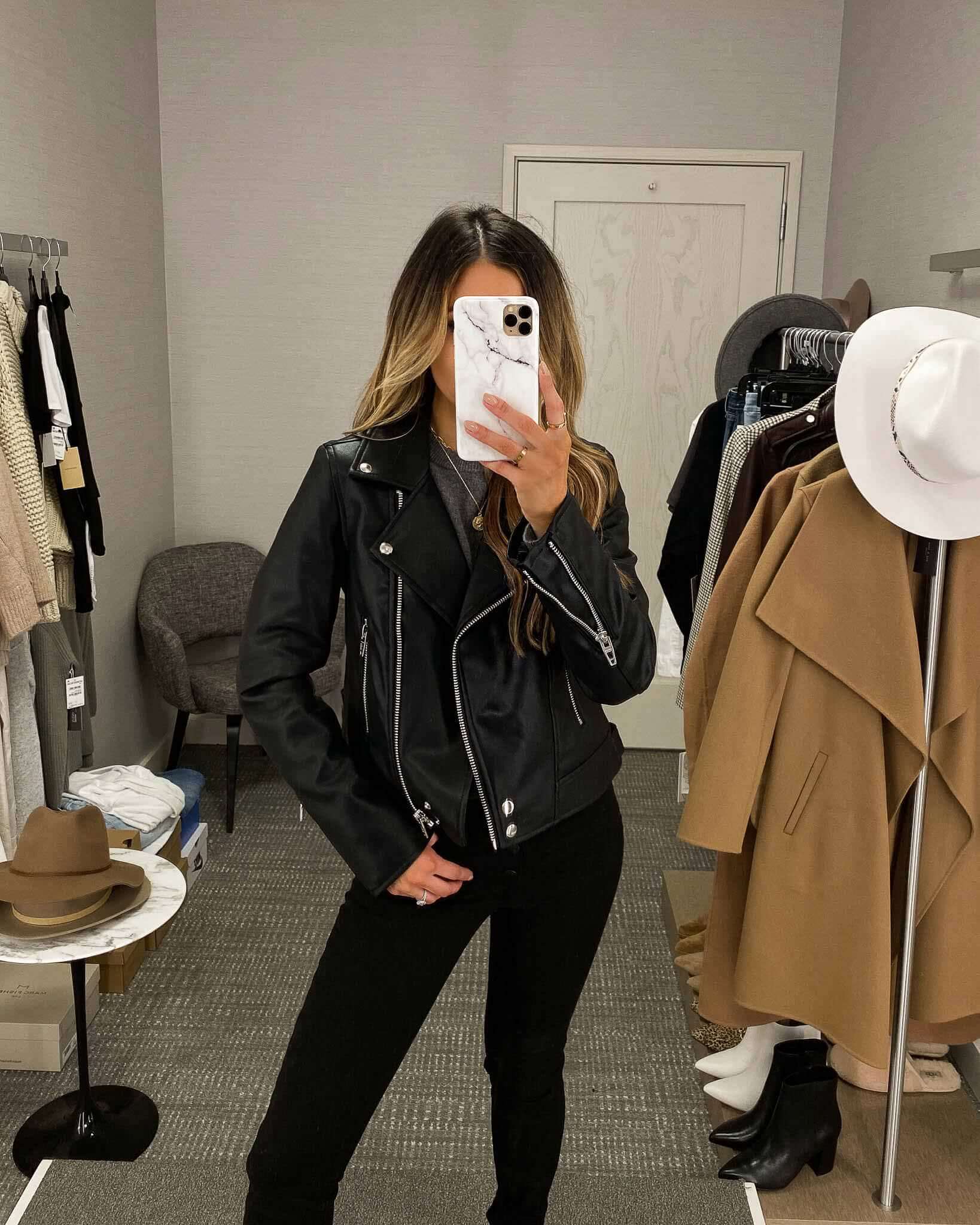 fashion blogger mia mia mine wearing a leather jacket from the nsale 2020