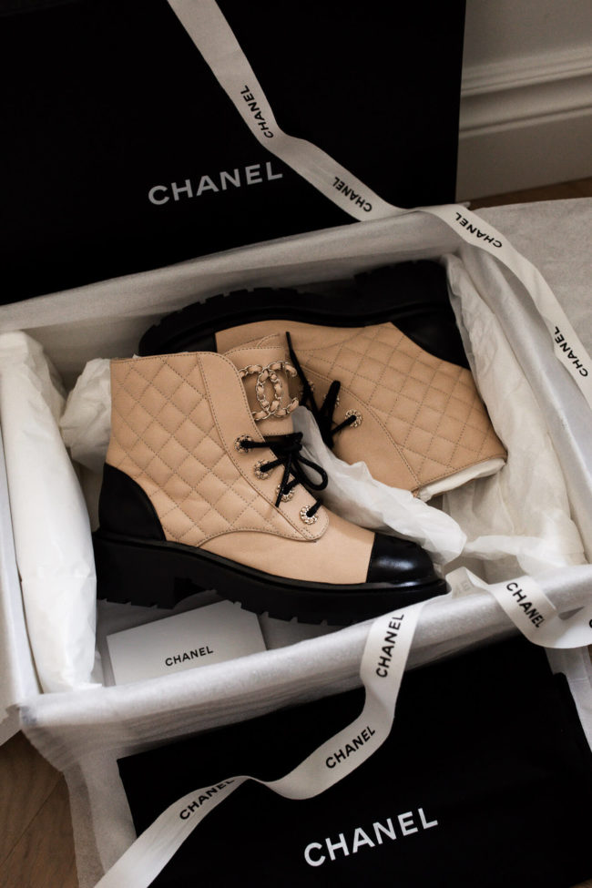 chanel black and beige combat boots 2020