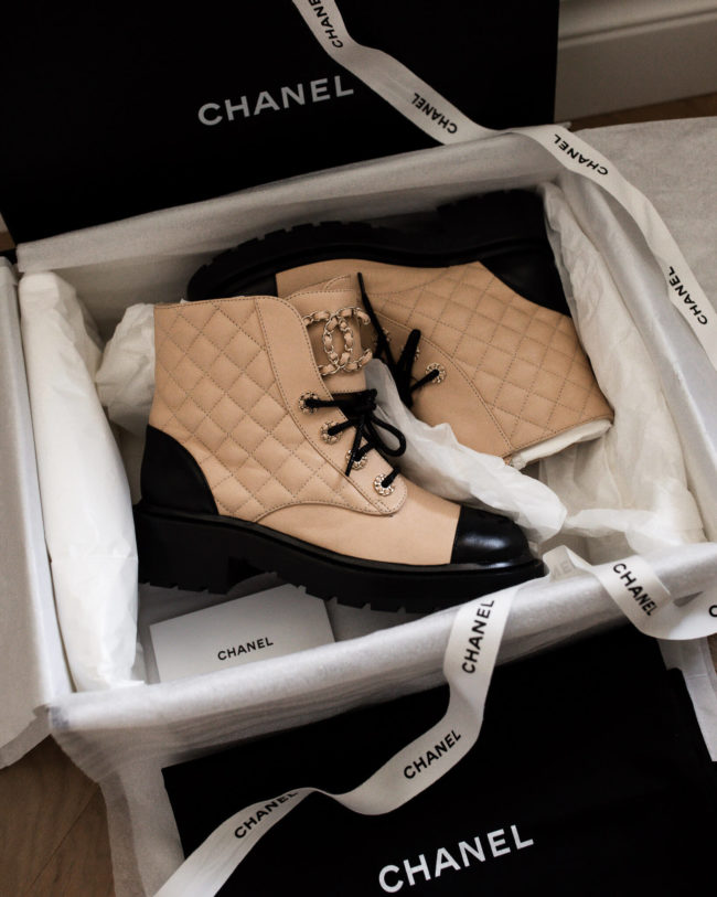 chanel black and beige combat boots 2020