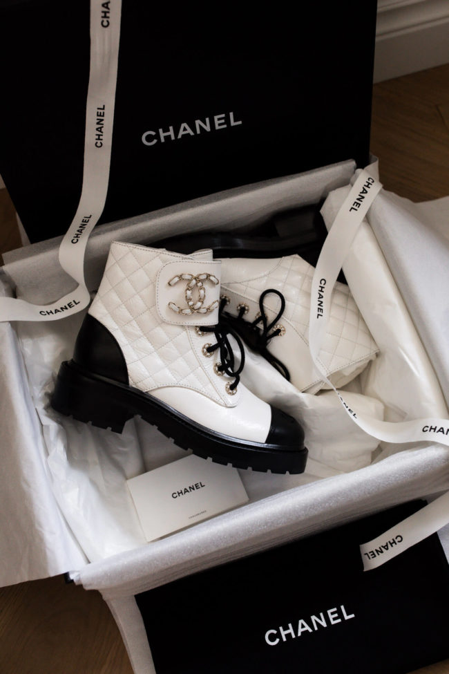 chanel combat boots black and white 2020