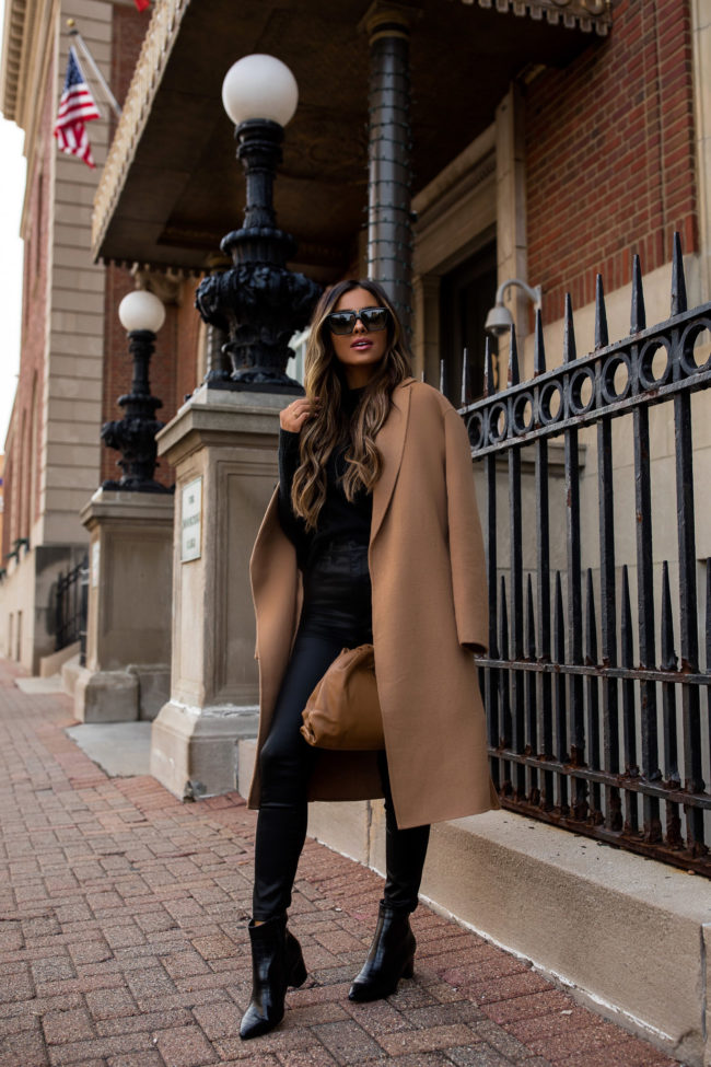 fashion blogger wearing a camel coat and black coated denim from express for fall