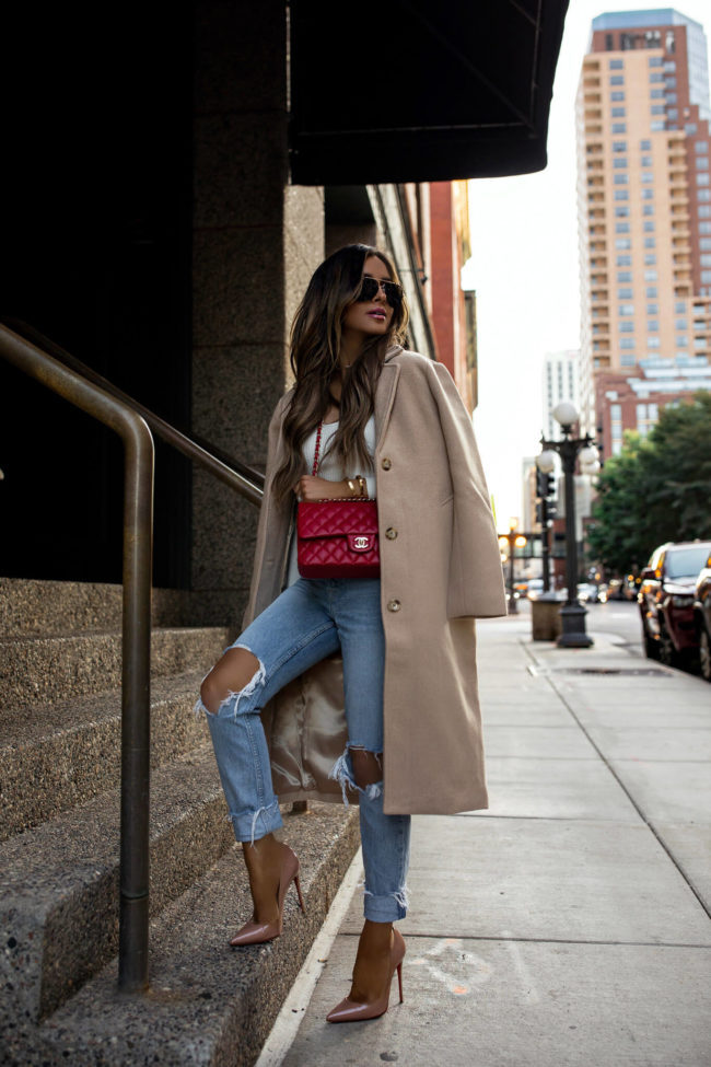 fashion blogger mia mia mine wearing a camel coat from abercrombie for fall 2020