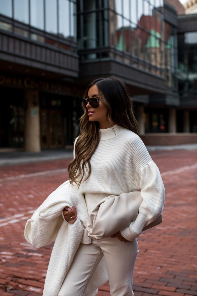 fashion blogger mia mia mine wearing an all white outfit for fall 2020