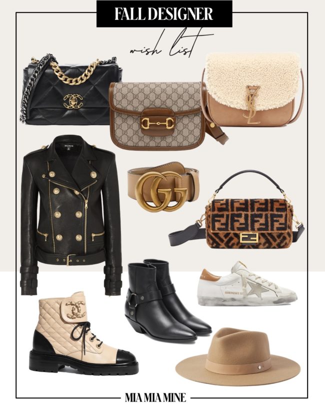 fall designer wish list collage with chanel combat boots, saint laurent boots, rag & bone fedora and more designer bags on mia mia mine blog