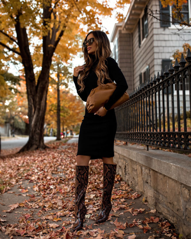 fashion blogger mia mia mine wearing a black sweater dress and snakeskin boots from Express