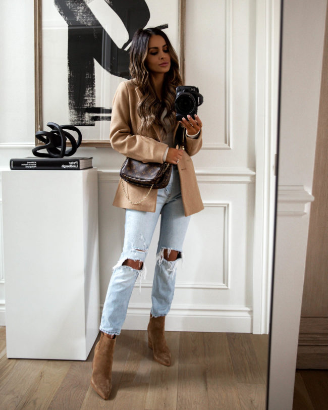 fashion blogger mia mia mine wearing a camel blazer coat for fall