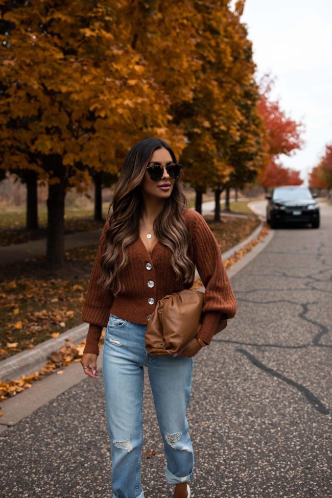 fashion blogger wearing a fall cardigan from intermix