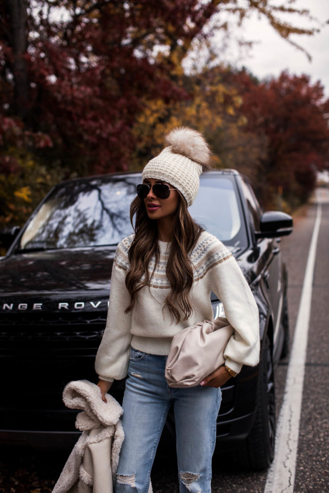 brunette fashion blogger wearing a fair isle sweater
