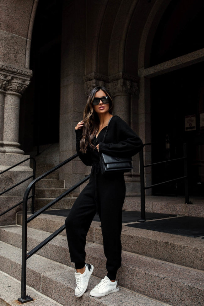 fashion blogger wearing a black sweater set by sofia jeans collection at walmart