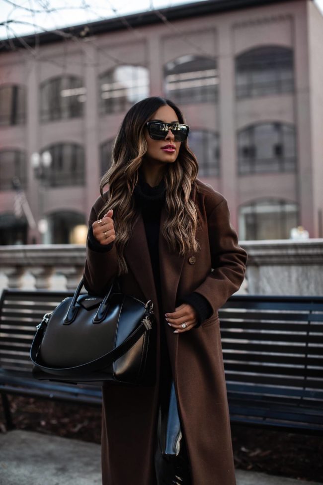 fashion blogger mia mia mine wearing a brown coat and givenchy antigona bag from Nordstrom