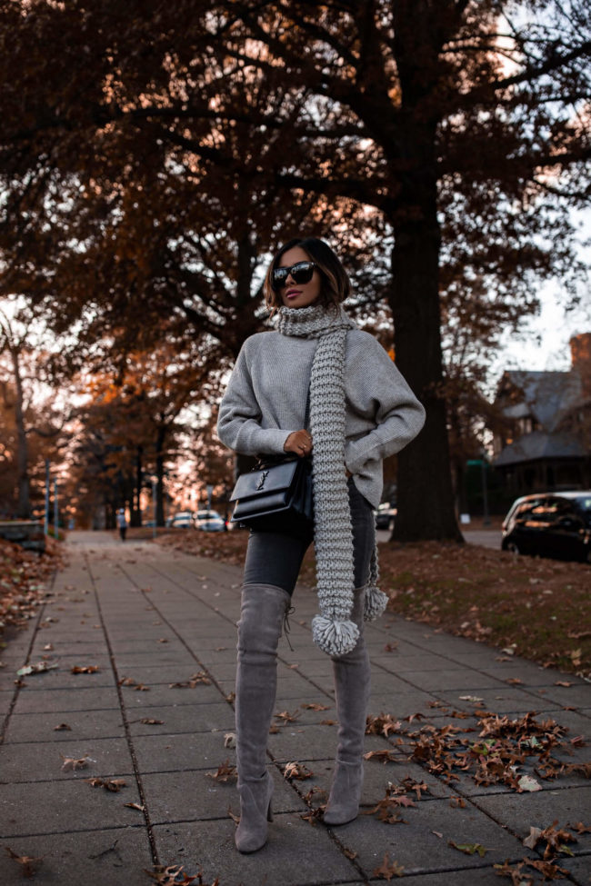 fashion blogger mia mia mine wearing a gray fall outfit from express