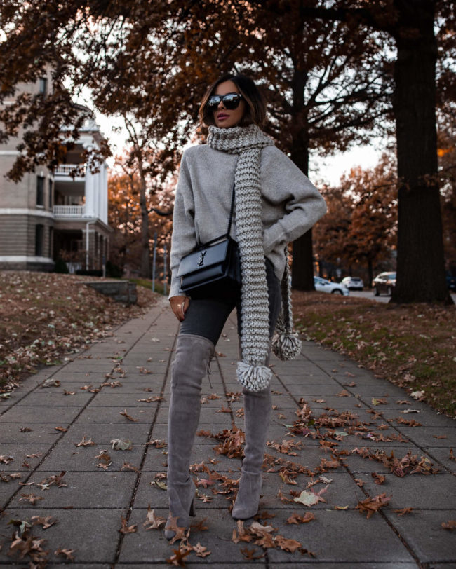 fashion blogger wearing a gray sweater and a chunky knit scarf from express