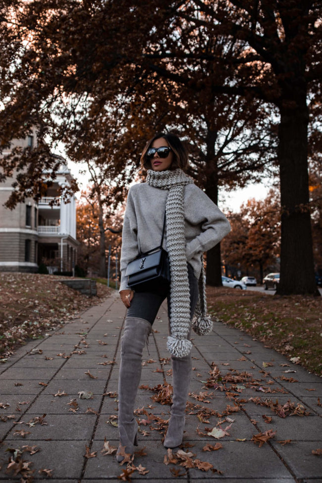 fashion blogger wearing a gray sweater and a chunky knit scarf from express
