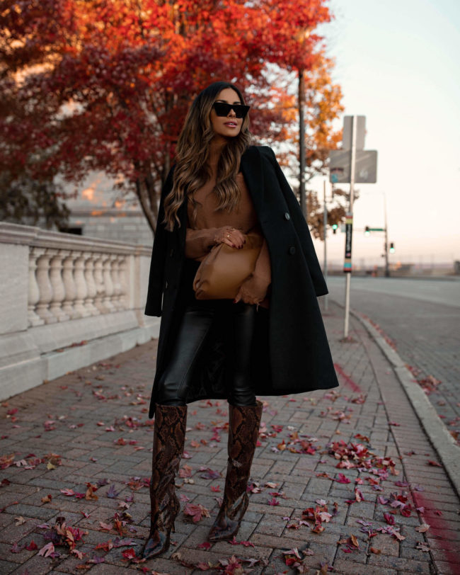 fashion blogger wearing a fall snakeskin boot outfit