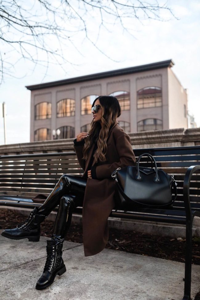 fashion blogger mia mia mine wearing a brown Topshop wool coat from Nordstrom