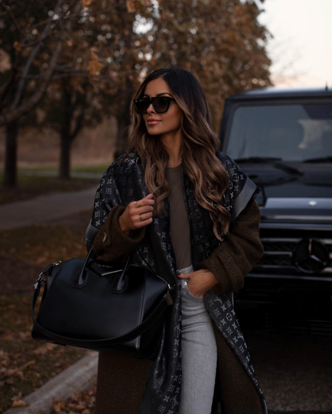 mia mia mine wearing a louis vuitton shine shawl for fall