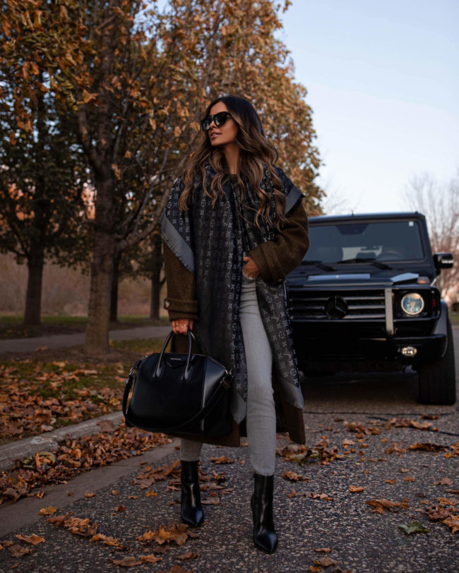 fashion blogger wearing a black louis vuitton shine shawl