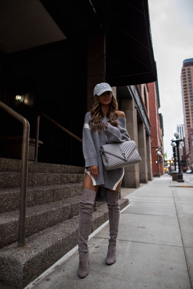 fashion blogger mia mia mine wearing a gray sweater dress from jing with gray stuart weitzman over the knee boots