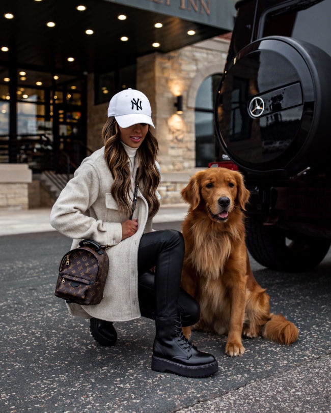 fashion blogger mia mia mine wearing a shirt jacket from nordstrom with steve madden combat boots