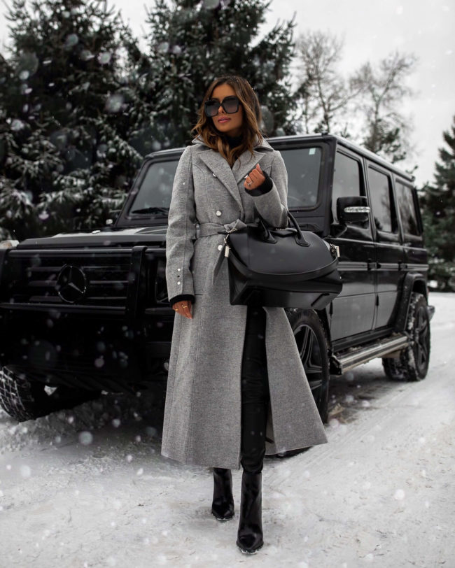 fashion blogger mia mia mine wearing a gray coat from karen millen